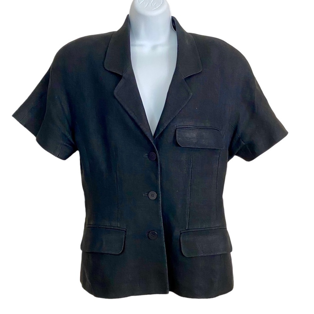 Ellen Tracy Black Linen Short Sleeve Career Blazer Size 8 Summer Business Casual